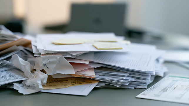 Messy stack of office documents with notes on table in modern workplace environment showcasing corporate chaos and high paperwork workload