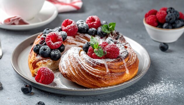 Sweet berry danish pastry with blueberries, raspberries and icing served as delicious bakery dessert