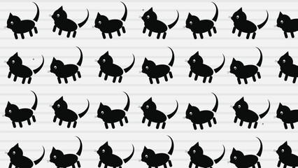 Obraz premium Seamless cute black cat pattern kawaii walking cat silhouettes off white horizontal striped background print design 