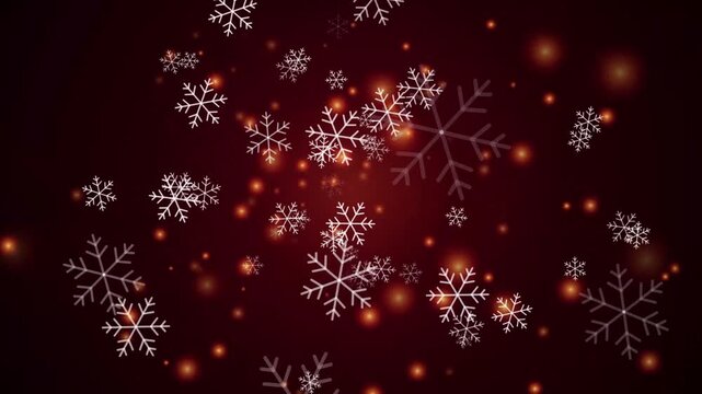 snowflakes falling on dark red background with glowing bokeh particle motion graphic