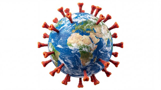 Earth globe covered with red viral spikes conceptualizing global pandemic outbreak isolated on white background