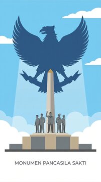 Stylized vector illustration of the Monumen Pancasila Sakti in Indonesia, showing historical figures standing before a monumental Garuda Pancasila silhouette and obelisk under a bright blue sky.