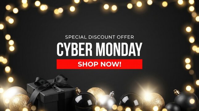 Cyber monday special discount offer with festive holiday decorations