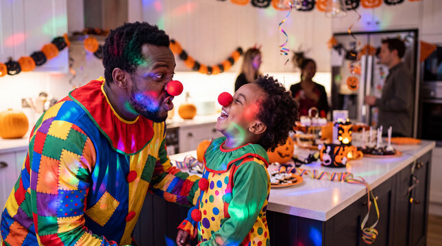 Black father and son in clown costumes with red noses for silly Halloween kitchen party and joyful autumn advertising.