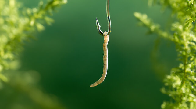 Earthworm Lumbricus terrestris bait on a metal fish hook underwater with blurred green aquatic plant background for angling and sport concept