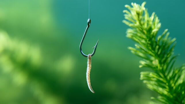 Underwater close up view of a metal fishing hook with earthworm bait and green aquatic plant in clear blue water, focus on lure