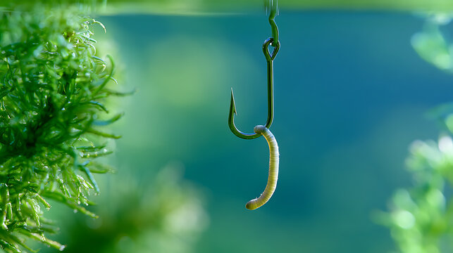 A close-up shot of a sharp fish hook with an earthworm bait submerged underwater, surrounded by lush green aquatic plants in a lake