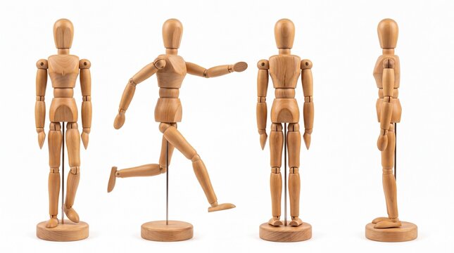 Four wooden artist mannequins displaying various dynamic poses and stances crafted in wood on white background