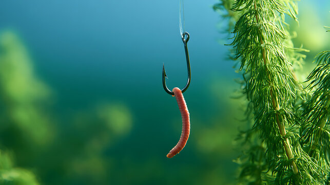 Underwater view of earthworm Lumbricus terrestris bait on a metal fish hook next to green water plant hornwort Ceratophyllum demersum