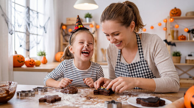 White mother and daughter making black cat brownies for fun Halloween baking party and autumn advertising.
