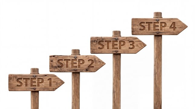 Wooden directional signs labeled step one through four indicating progress and success on white background