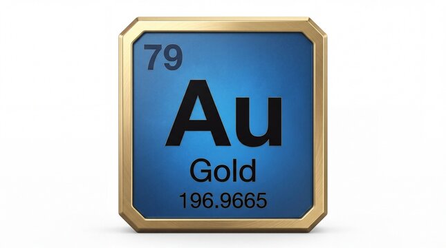 Gold chemical element tile featuring number seventy nine and atomic symbol Au on white background