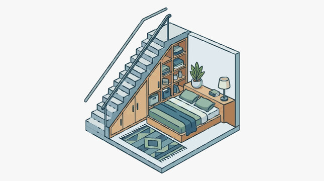 Isometric Bedroom with Staircase and Built in Storage Shelves