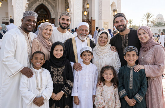 A multi-generational Muslim family, dressed in traditional attire, poses happily outside a mosque, embodying cultural heritage and community spirit.