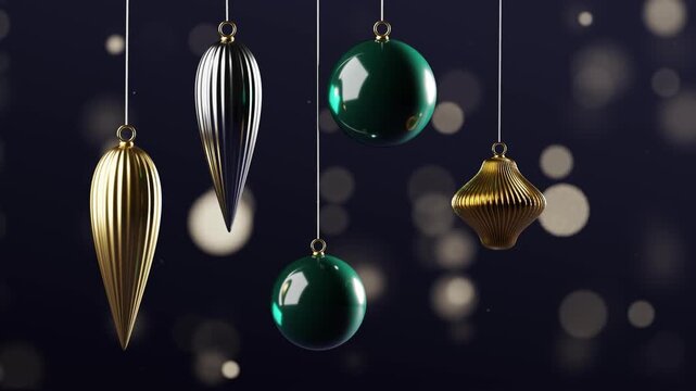 Green gold and silver christmas ornaments hanging in festive seamless loop