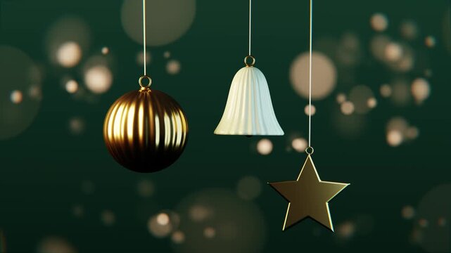 Gold christmas ornaments and star hanging in festive seamless loop