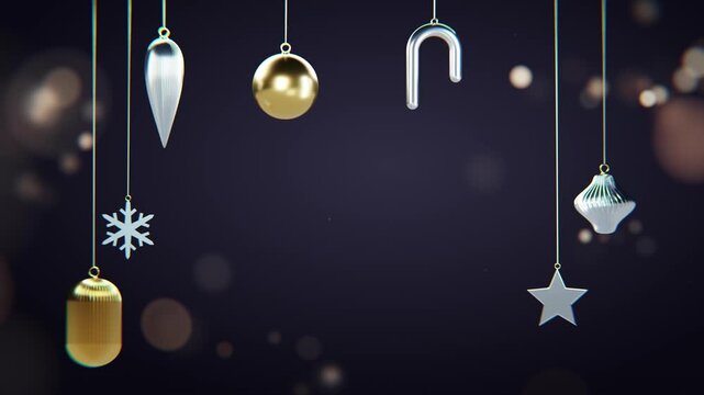 Spaced gold and silver christmas decorations in dark seamless loop