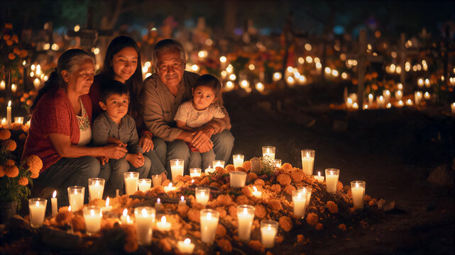 American traditions and culture, a Mexican-American family at a night vigil by a grave strewn with marigolds, copy space for text about Day of the Dead traditions