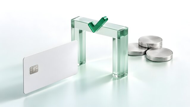 Secure digital banking and payment gateway concept featuring blank white credit card passing through glass arch with green checkmark and silver coins