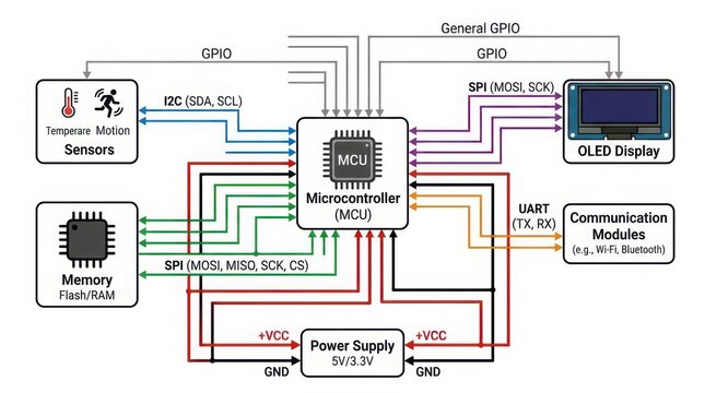 Close-up of a microcontroller communication interface diagram with labeled connections and components