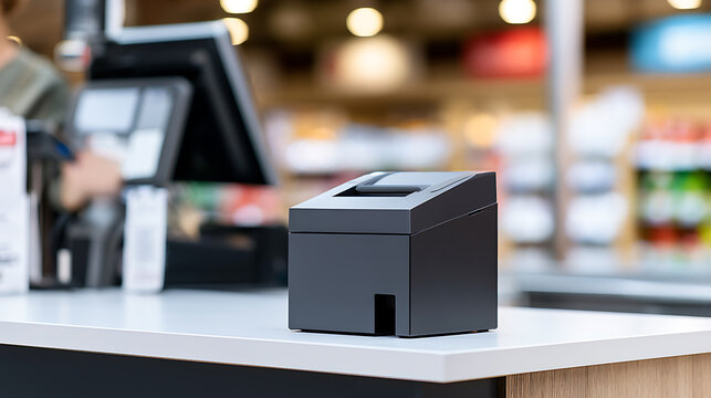 Modern receipt printer on the checkout counter in a retail store with blurred background, professional equipment for business and commerce
