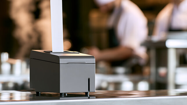 A receipt printer in a commercial kitchen with chefs in the background working hard during a busy dinner shift service in a modern restaurant