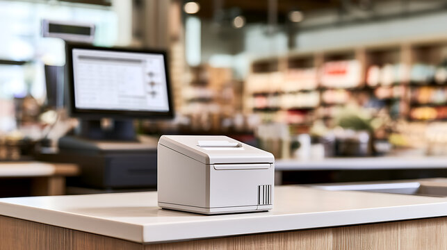 Receipt printer on store checkout counter with pos system display and blurred background of retail shop interior in modern commercial space