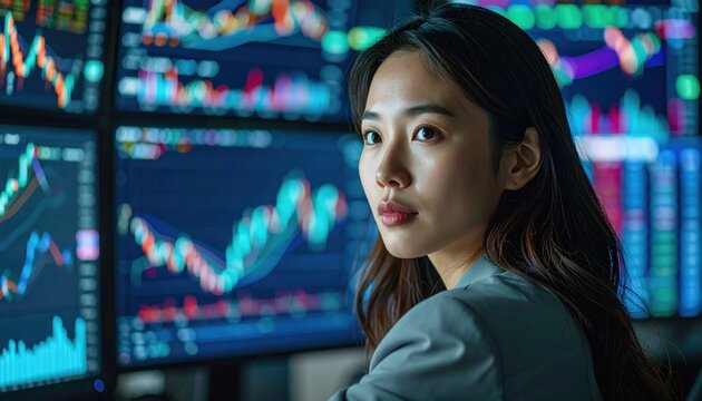 Female financial trader analyzing complex stock market graphs on multiple monitors inside corporate office