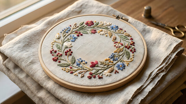 A beautiful handmade floral embroidery wreath design inside a wooden hoop resting on a piece of vintage linen fabric surface