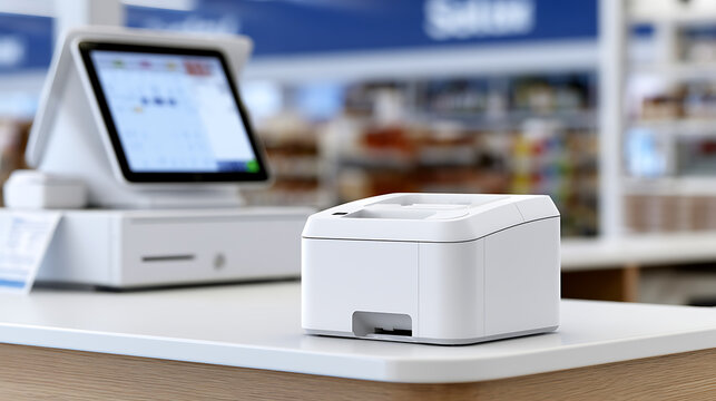 Modern electronic point of sale device and receipt printer on counter inside retail store background for commercial business transaction
