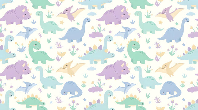Cute pastel dinosaur pattern with various prehistoric species.