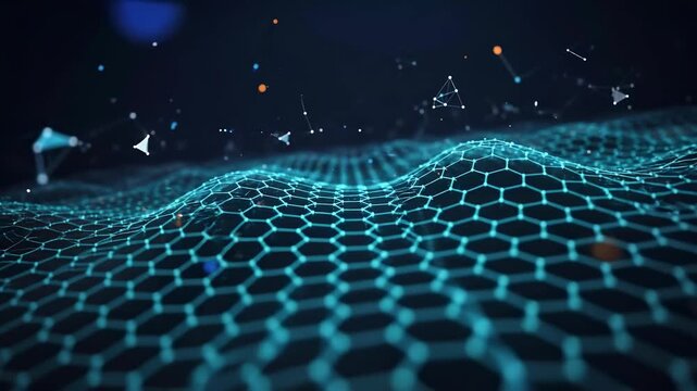 Abstract Blue Hexagonal Grid Surface with Floating Data Particles for Technology Backgrounds