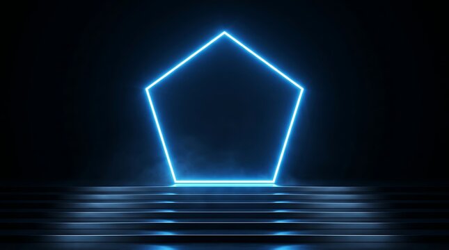 Glowing blue neon pentagonal frame hovering above dark reflective horizontal steps in a dimly lit space