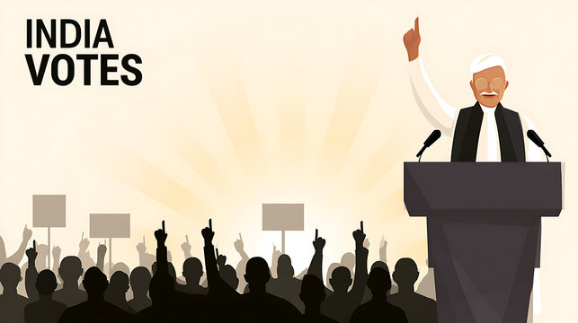 Indian political election campaign vector banner featuring a leader speech at podium and crowd with raised finger support illustration