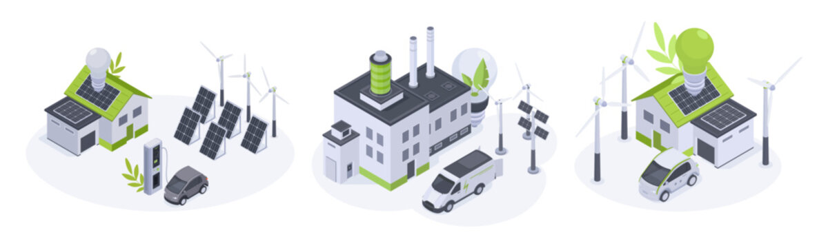 Green energy city. Buildings with solar panels, wind turbines and electric infrastructure eco technology scenes flat vector illustration set. Sustainable energy concept
