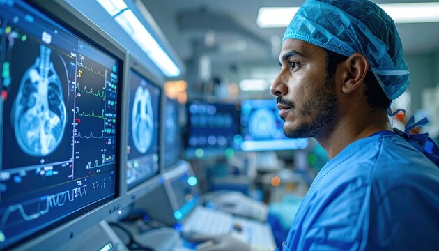 Male surgeon operating electronic medical console while viewing coronary angiography monitors inside modern operating room