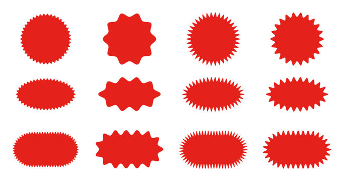 Red burst badges collection. Scalloped spiky red label shapes flat vector illustration set. Sale stickers and graphic elements