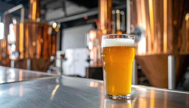 Glass of light craft beer on stainless steel table beside copper brewing vats