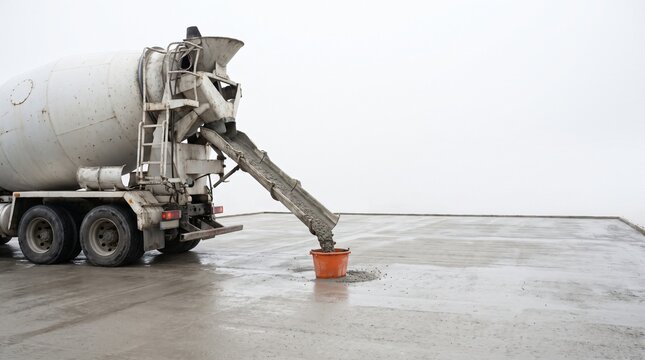 Overkill Concept, Concrete Mixer Truck Chute Discharging Into One Small Plastic Bucket