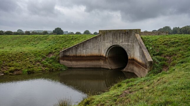 Drainage At Capacity, A Concrete Outlet Headwall With Water Up To The Pipe Invert