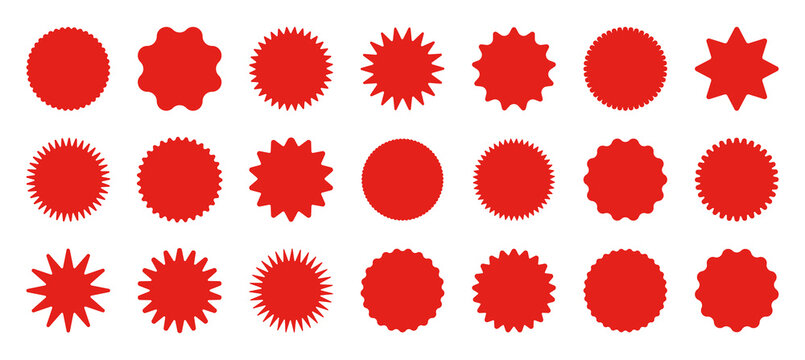 Scalloped badge collection. Red burst badges with wavy edges flat vector illustration set. Graphic labels isolated on white