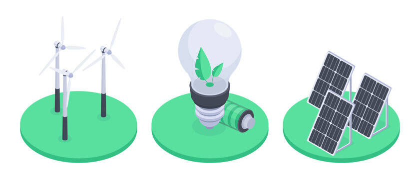 Renewable energy icons. Wind turbines, eco light bulb and solar panels flat vector illustration set. Clean technology symbols for sustainable design
