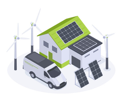 Solar wind house. Eco home with rooftop solar panels, wind turbines and ground panels flat vector illustration. Renewable energy concept for green living