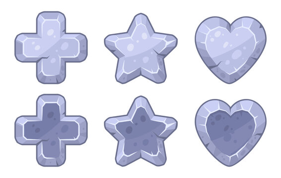 Stone button collection. Pebble stone pieces star and heart shaped flat vector illustration set. Fantasy game icons
