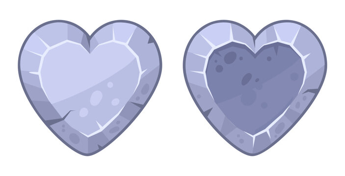 Stone heart icons. Heart shaped stone buttons with cracked textures flat vector illustration set. Decorative fantasy game symbols