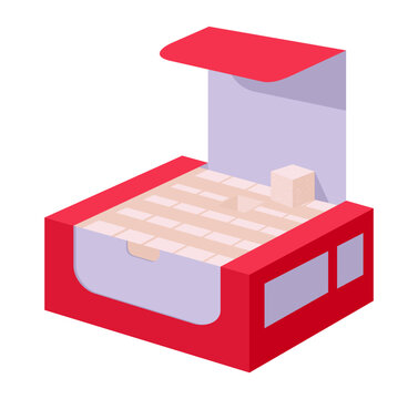 Sugar box package. Cardboard box filled with sugar cubes flat vector illustration. Sweetener packaging