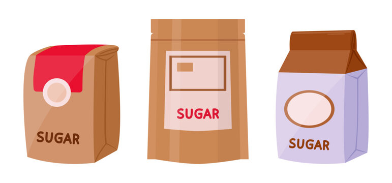 Sugar bag collection. Paper sugar packages with white or brown granulated sugar flat vector illustration set. Grocery sweetener packaging