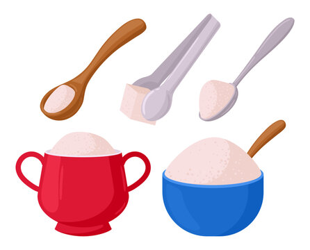 Sugar measuring tools. Wooden and metal spoons and ceramic cups filled with sugar flat vector illustration set. Baking ingredient preparation