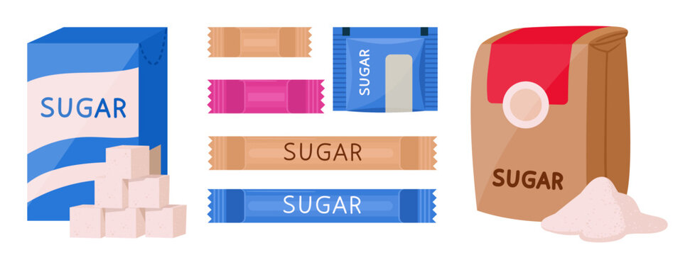 Sugar packaging. Sugar bags, packets, sticks and cubes flat vector illustration set. Sweetener packaging collection
