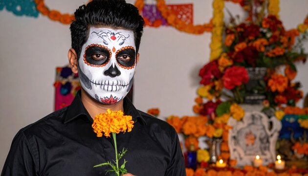Man wearing traditional Mexican Day of the Dead sugar skull makeup holding orange marigold flower beside festive altar